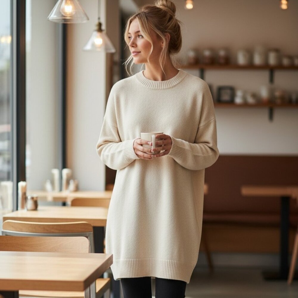 Melrose & Market Ivory Long Sleeve Crewneck Mini Sweater Dress Oversize Sz L NWT